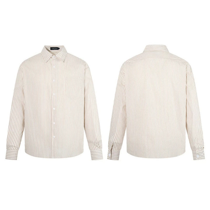 Men's Loose Shirt with Kent Collar, Fine Vertical Stripes and Chest Pocket Amarae