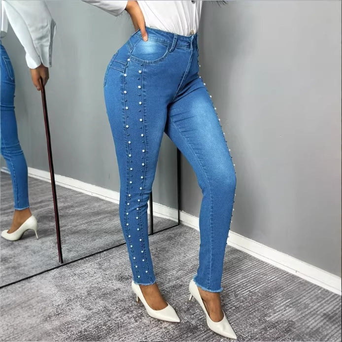 Women's shaping high-waisted skinny jeans with side pearl embellishment Amarae