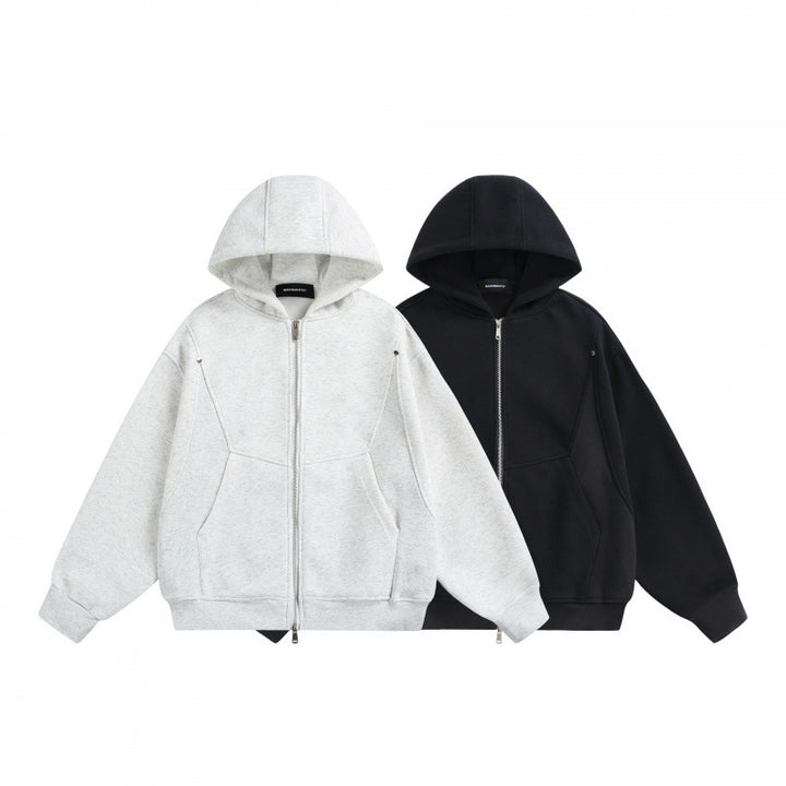 Unisex Boxy Hoodie Jacket with Two-Way Zipper and Geometric Seam Details Amarae