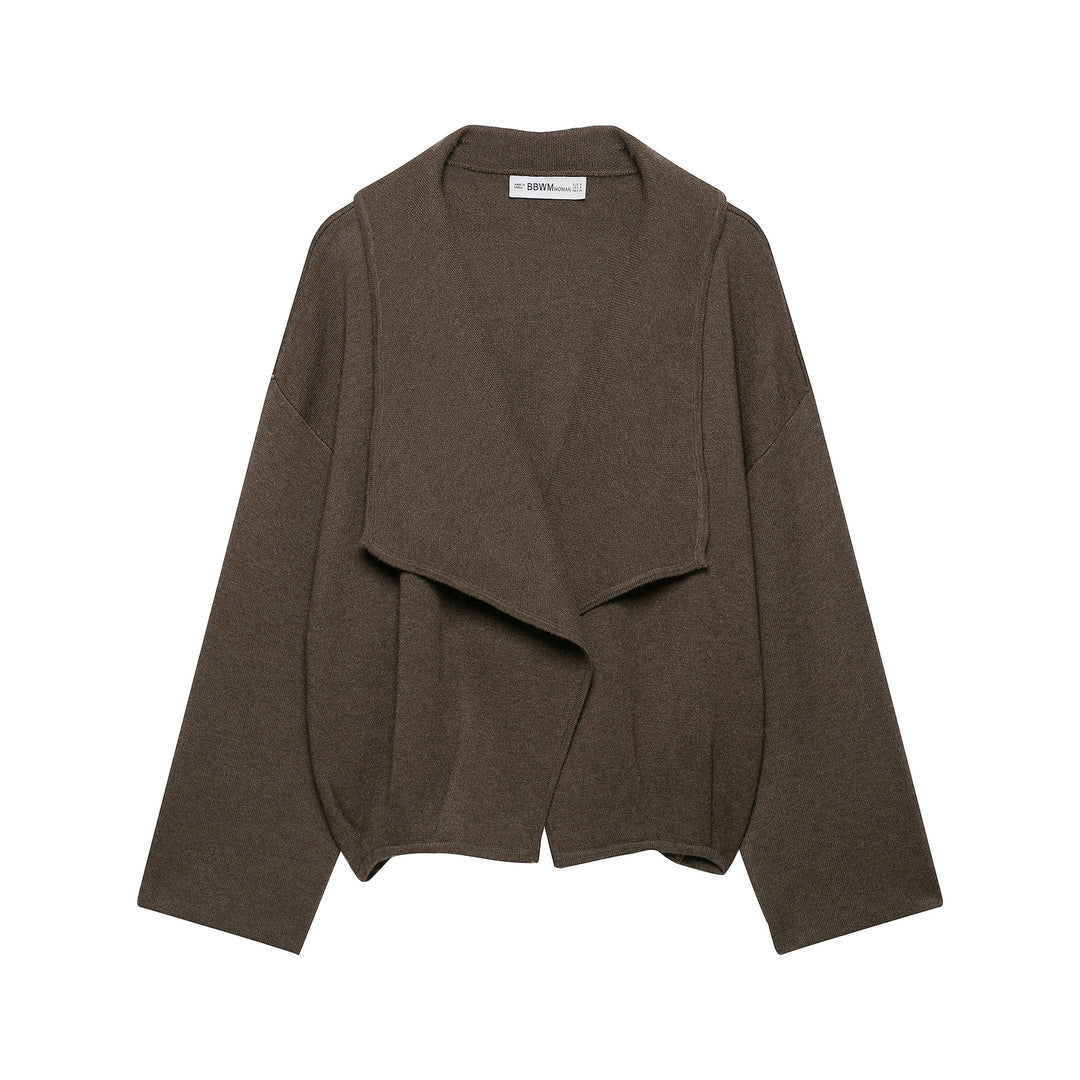 Women's short cut open wool blend cardigan with large shawl collar and boxy cropped silhouette Amarae