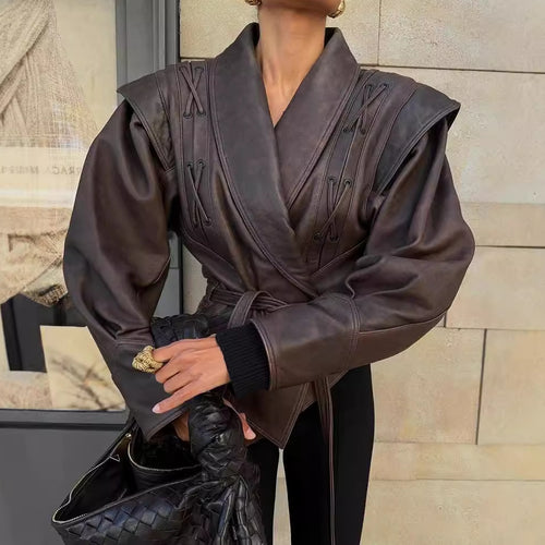 Elegant faux leather jacket for women with drapes and adjustable belt Amarae