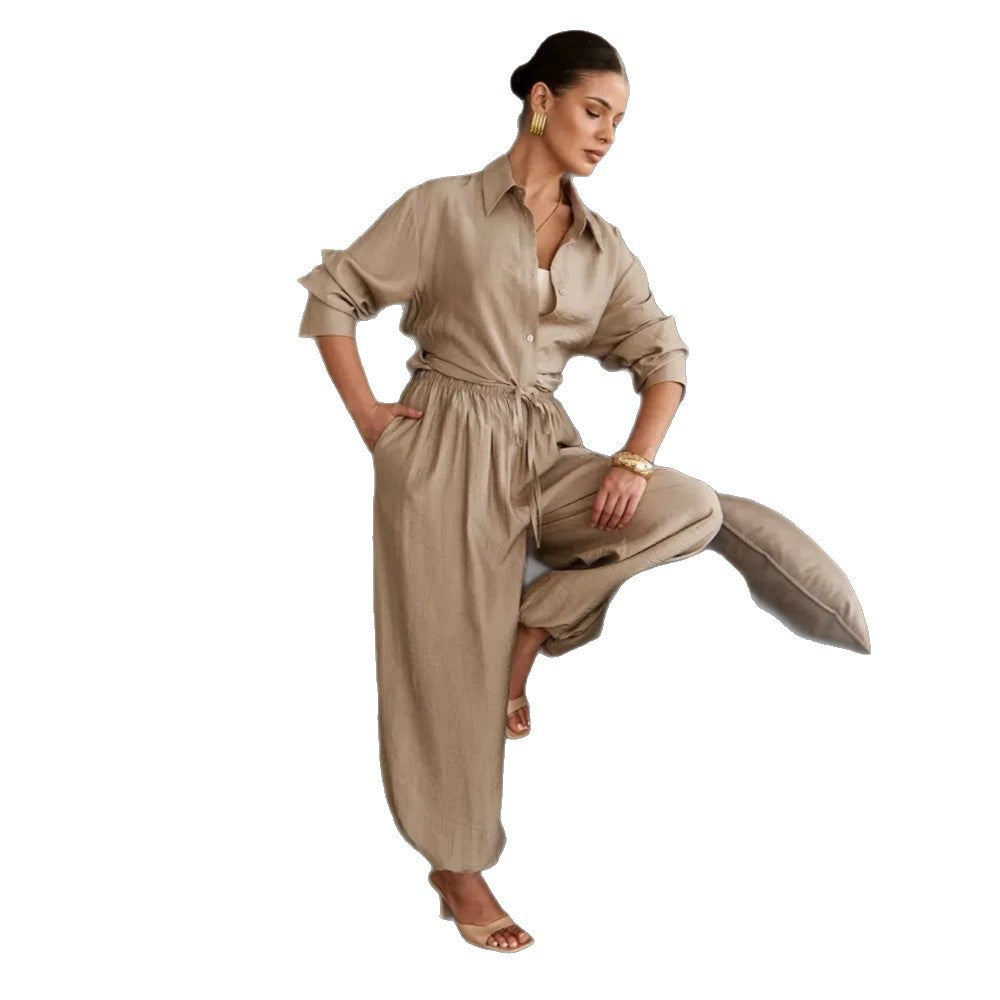Women's Casual-Elegant Shirt and Pants Set with Drawstring, Elastic Waistband and Wide Leg Trousers