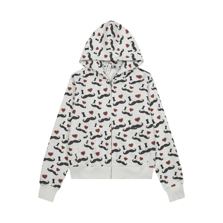 Women's Short Hooded Sweat Jacket with Graphic Print, Ribbed Cuffs, and Kangaroo Pockets Amarae