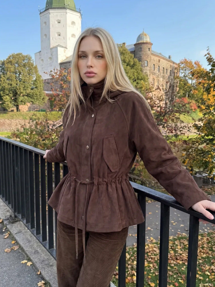 Women Short Jacket in Suede Look with Hood and Waist Drawstring Amarae