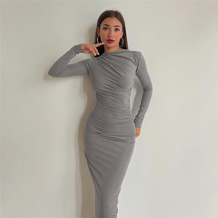 Ladies fitted maxi dress with high collar and side gathering Amarae