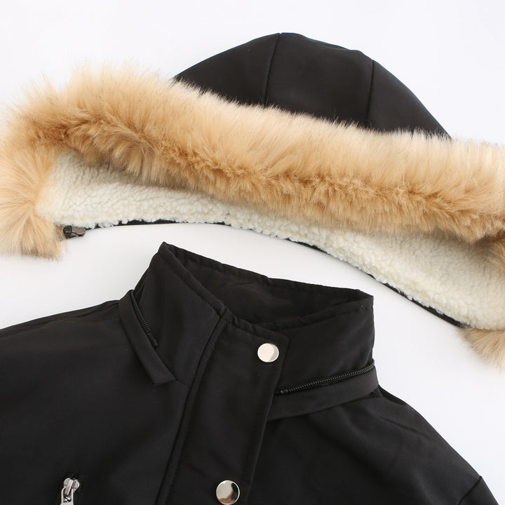 Veste de plein air pour femmes à la mode avec col en fausse fourrure amovible et cordon de taille élastique Lune London