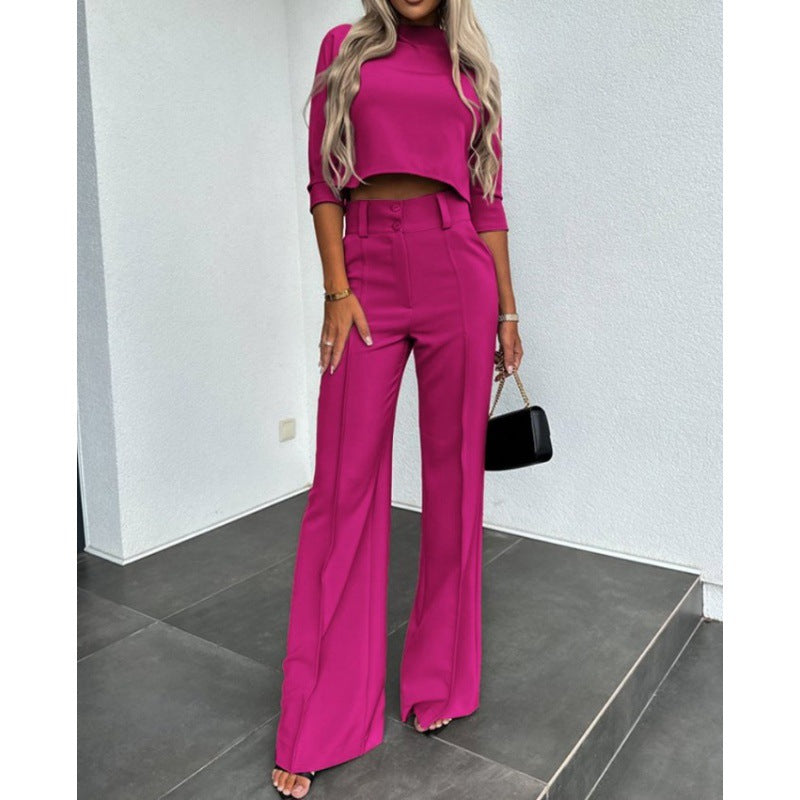 Woman trendy cropped top with elegant palazzo pants Lune London
