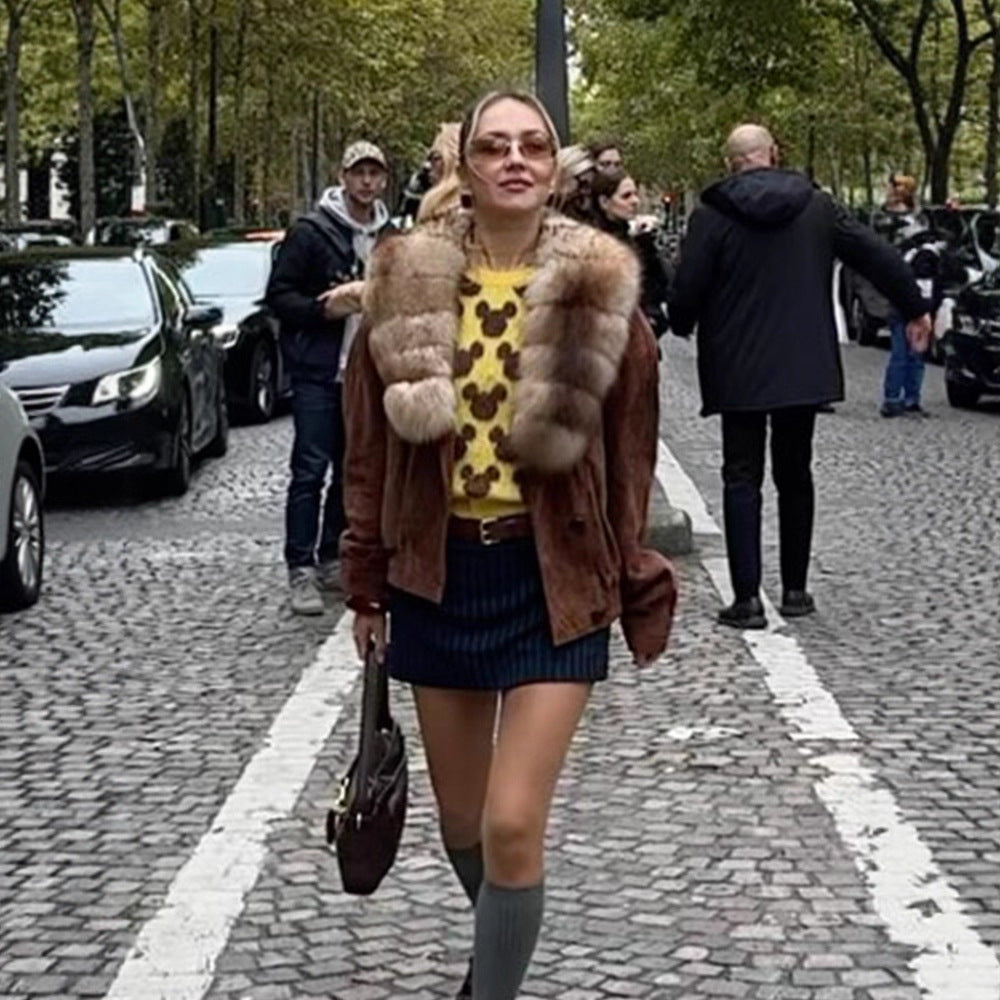 Women's suede bomber jacket with voluminous fur scarf and elastic hem Amarae