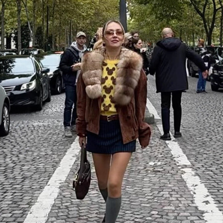 Women's suede bomber jacket with voluminous fur scarf and elastic hem Amarae