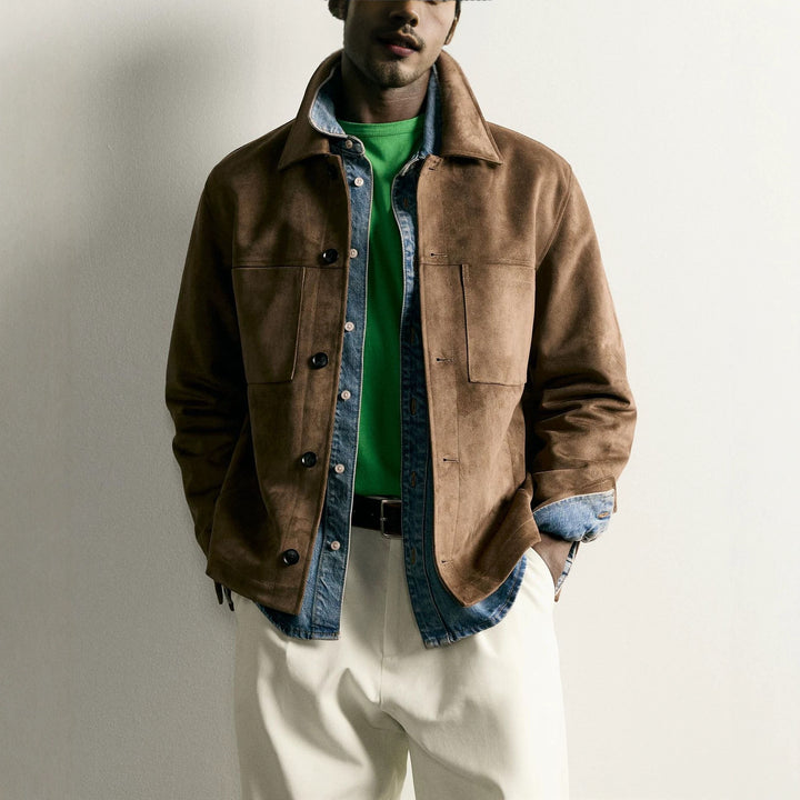 Men's Boxy Overshirt made of suede leather imitation with flap pockets Amarae