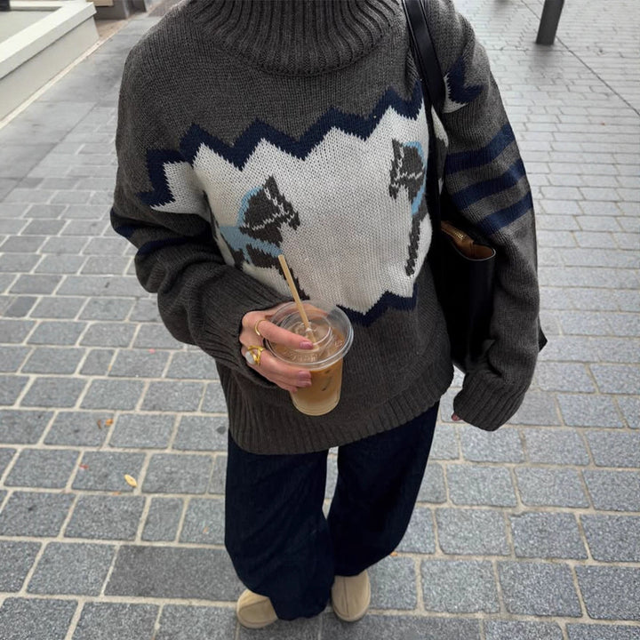 Women's Oversize Turtleneck Sweater with Norwegian Intarsia and Ribbed Cuffs Amarae