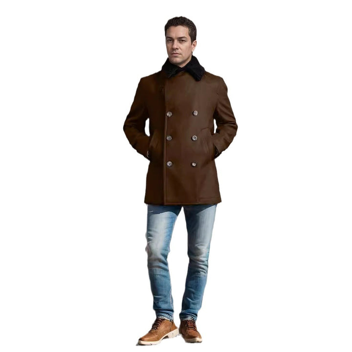 Double-breasted wool coat for men with faux fur collar Amarae