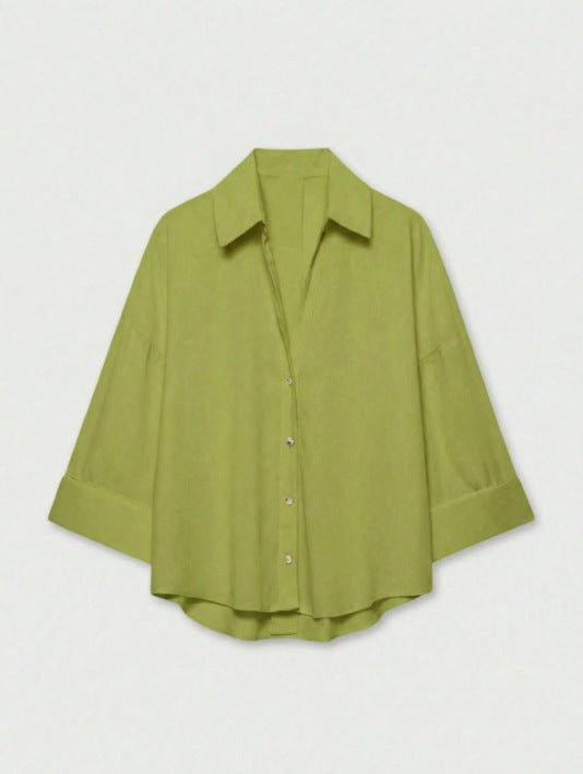 Women's Lightweight Oversized Linen Look Blouse with Three-Quarter Sleeves and Full Button Placket Amarae