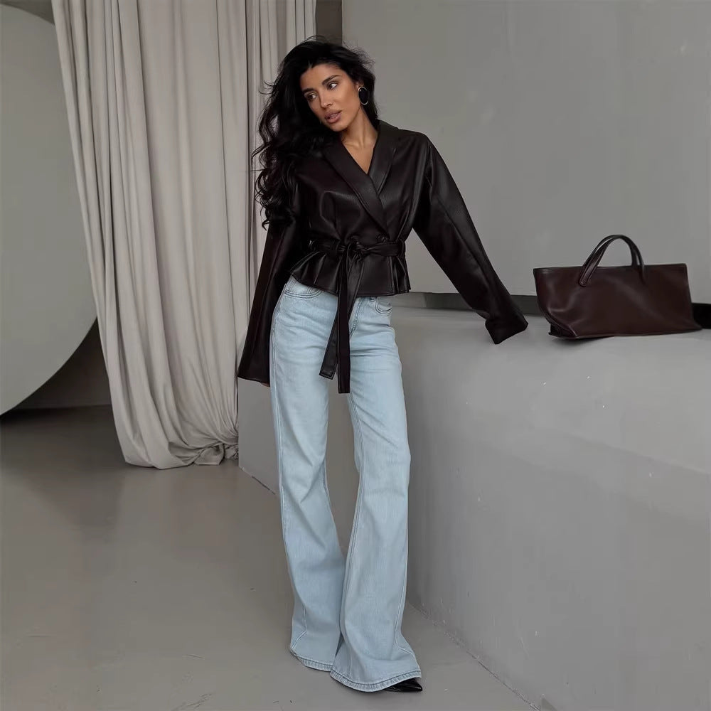 Women's Tailored Faux Leather Jacket with Peplum, Belt & Shawl Collar Amarae