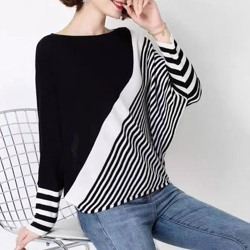 Fashionable knitted sweater for women with asymmetrical cut and graphic striped pattern Amarae