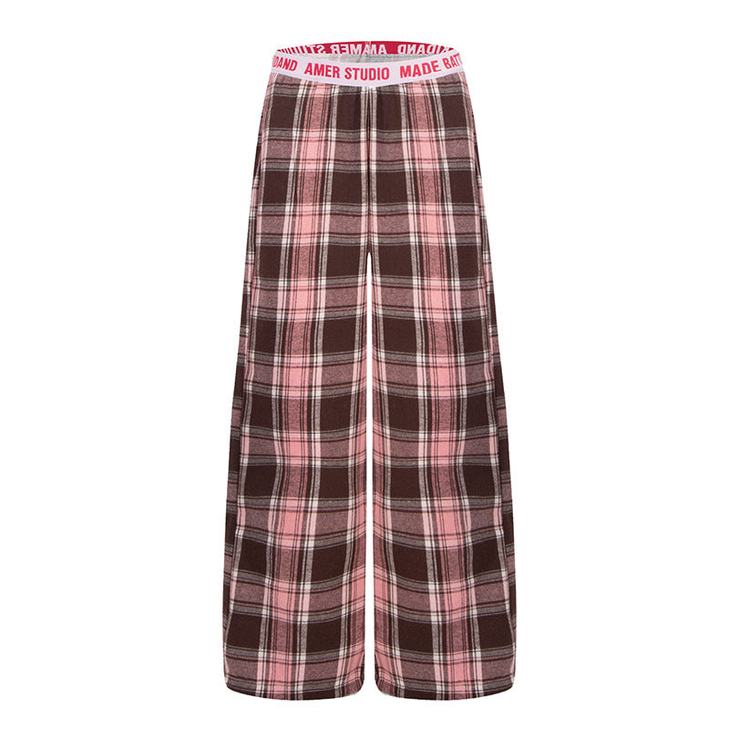 Ladies Wide Lounge Pants with Check Pattern and Elastic Logo Waistband Amarae