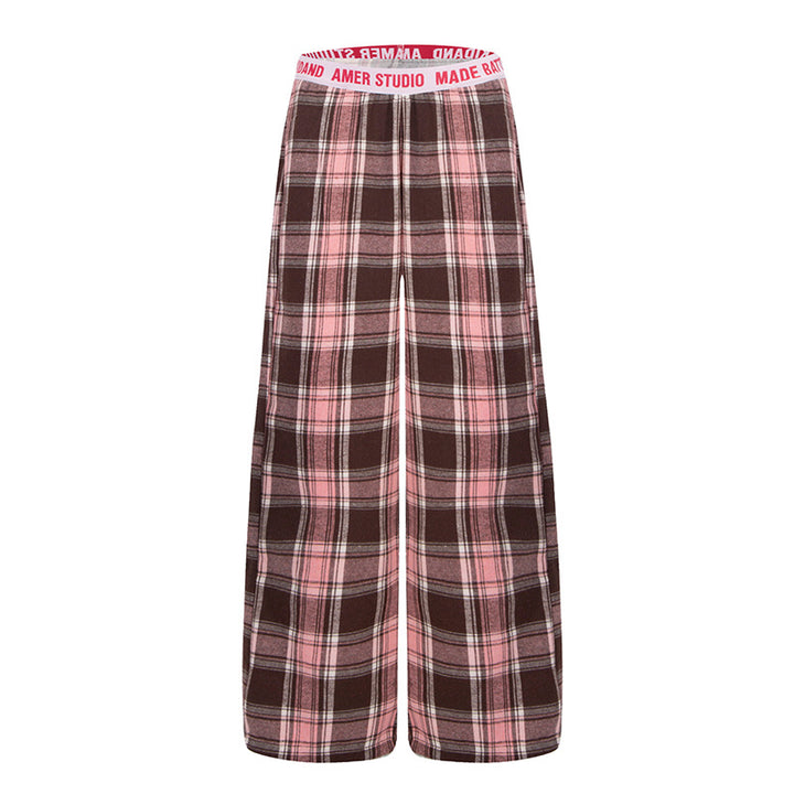 Ladies Wide Lounge Pants with Check Pattern and Elastic Logo Waistband Amarae