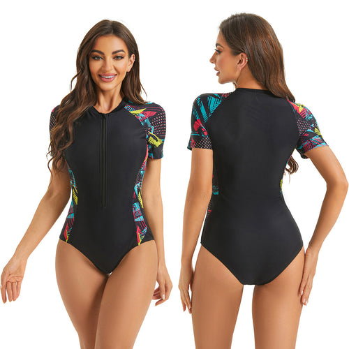 Sporty women's swimsuit with stylish zipper and colorful pattern Amarae