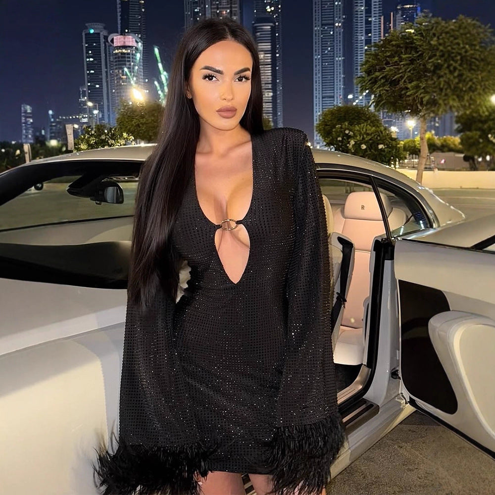 Women Glittering Mini Party and Cocktail Dress with V-Neck, Long Sleeves and Feather Cuffs Amarae