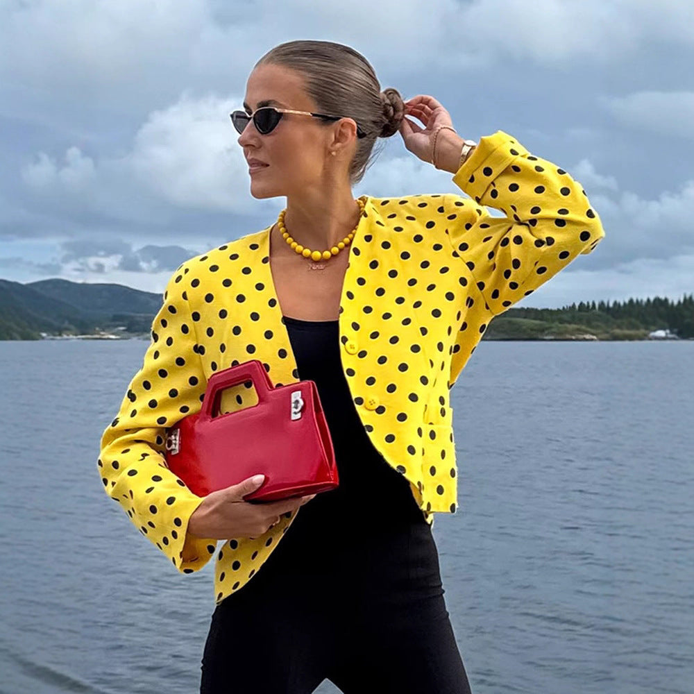 Women’s short blazer in vintage dot pattern, boxy cut & lightweight linen mix Amarae