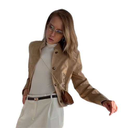 Women's short blazer made of suede with a fitted lace-up corset and stand-up collar Amarae