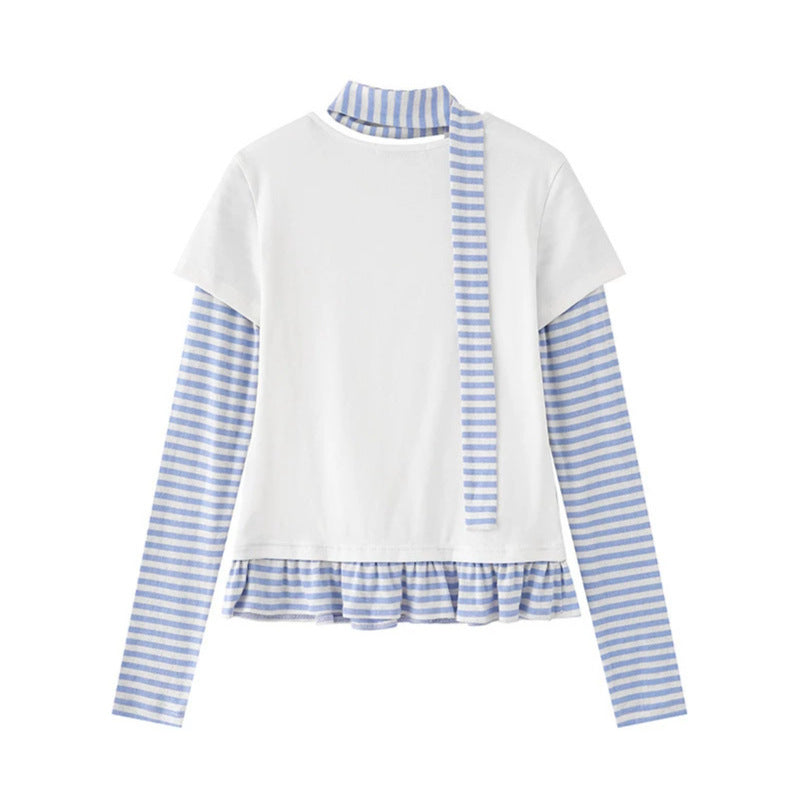 Women's Layered Long Sleeve Shirt with Striped Sleeves, Star Print, Ruffled Hem and Scarf Detail