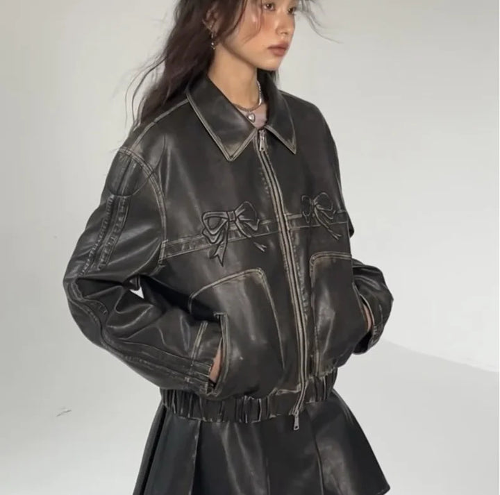 Synthetic leather jacket for women with ruffles and elastic hem Lune London