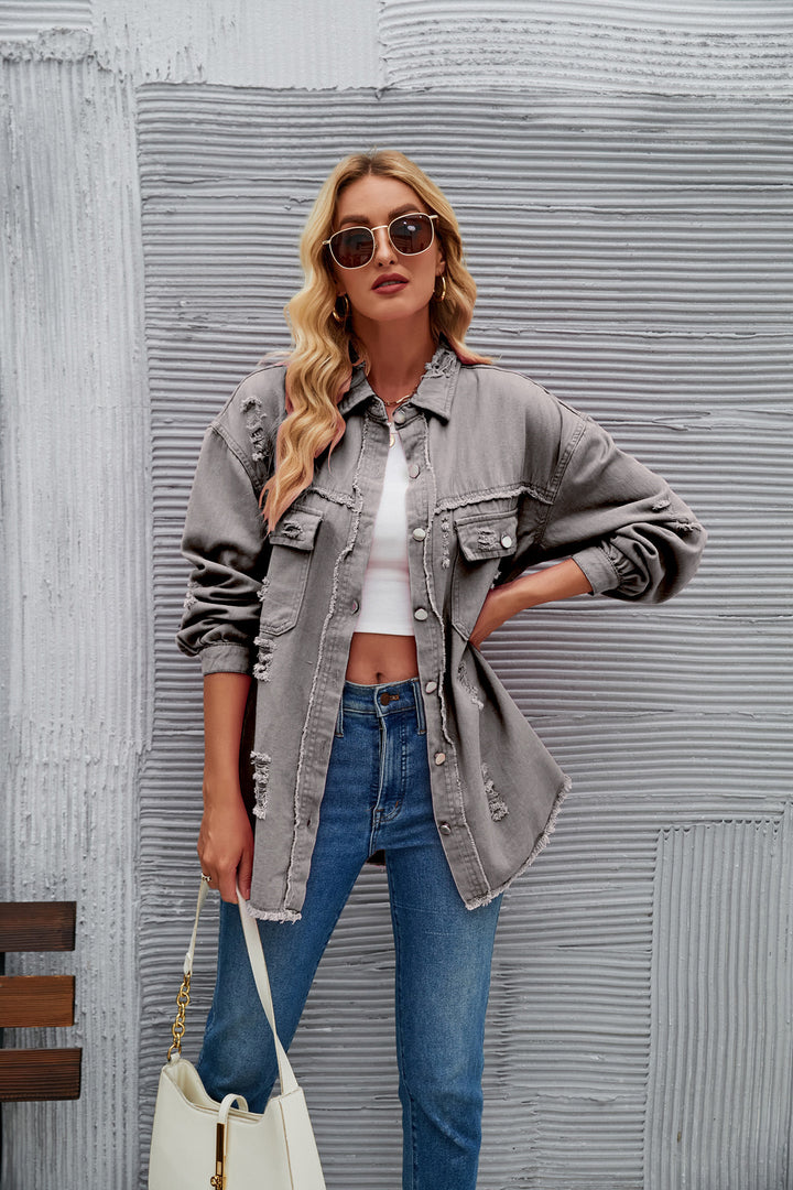 Oversized denim jacket for women with modern distressed details Lune London