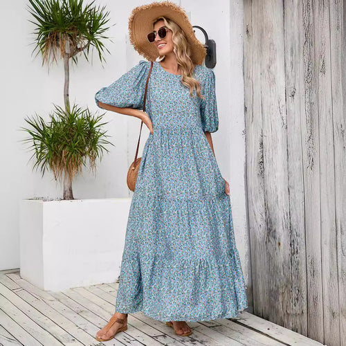 Amarae bohemian maxi dress for women with puff sleeves
