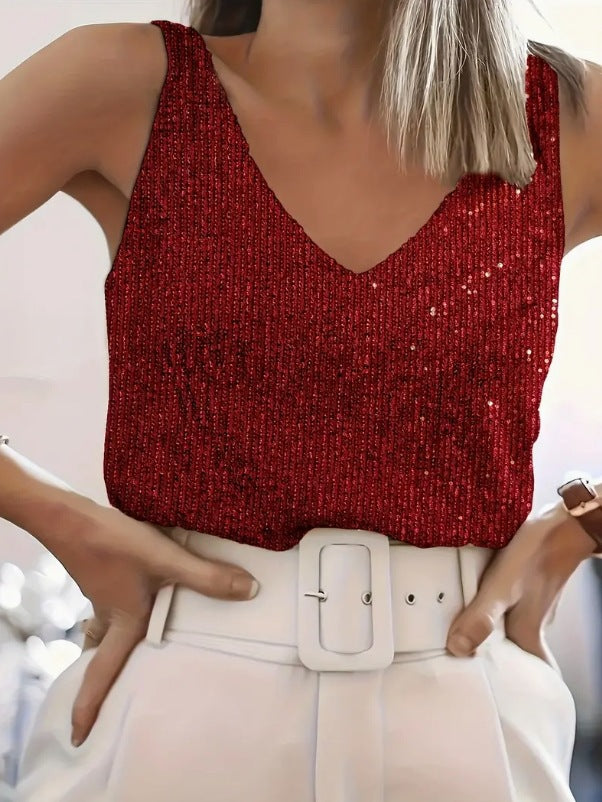 Ladies Sequins-V neck sleeveless top Lune London