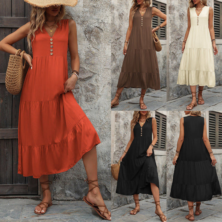 Midi dress for women with V-neck and decorative buttons Lune London