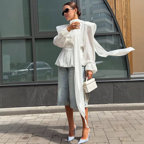 Women's Elegant Blouse with Bow Tie Collar, Emphasized Shoulders, and Long Ties Amarae
