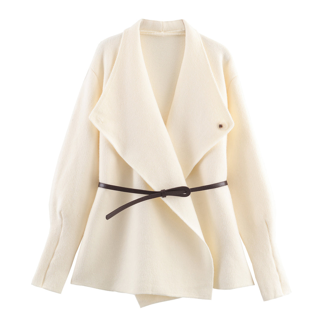 Women's Short Cut Wool Blend Cardigan Coat with Wide Shawl Collar and Narrow Tie Belt Amarae