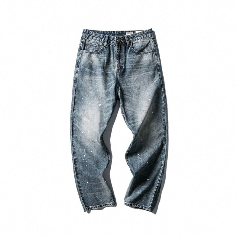 Men's Wide Baggy Jeans with Used Wash, Paint Splatter Effect and Relaxed Silhouette Amarae