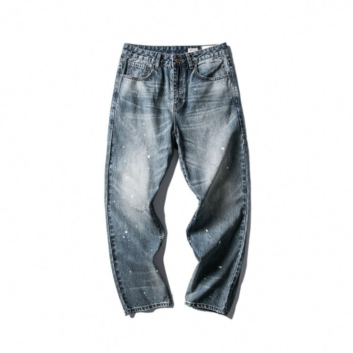 Men's Wide Baggy Jeans with Used Wash, Paint Splatter Effect and Relaxed Silhouette Amarae