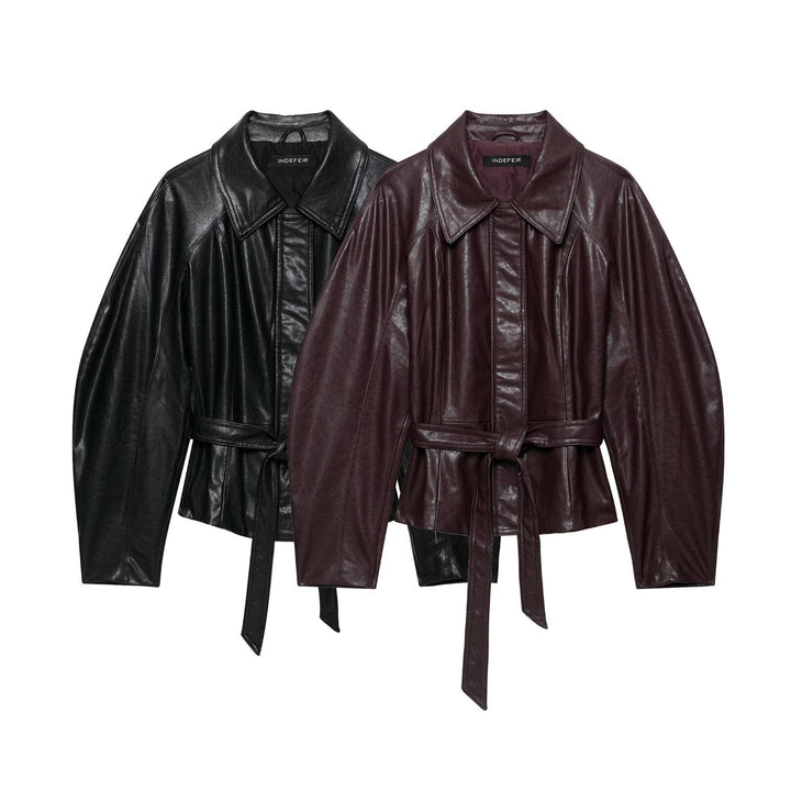 Women's short jacket made of vegan leather with a waist tie belt and dropped raglan sleeve construction Amarae