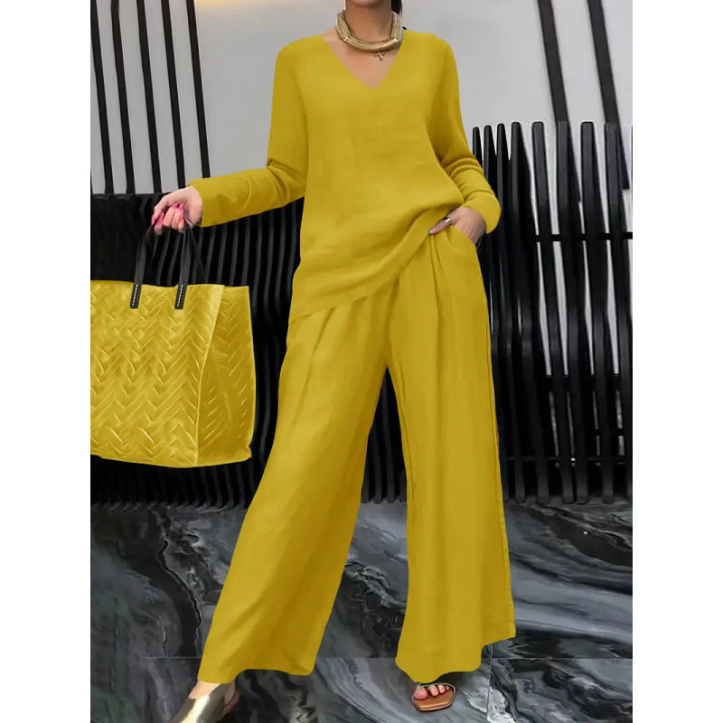 Women's Fine V-Neck Knit Sweater with Flowing Palazzo Pants Amarae