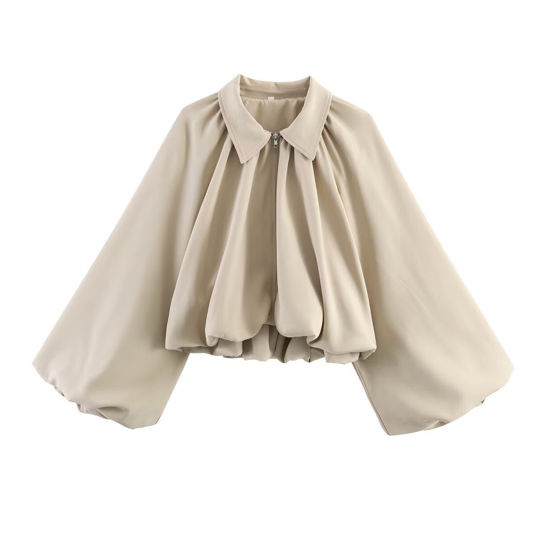 Women Short Cape Jacket with Wide Balloon Sleeves and Zipper Amarae