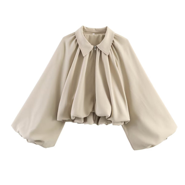 Women Short Cape Jacket with Wide Balloon Sleeves and Zipper Amarae