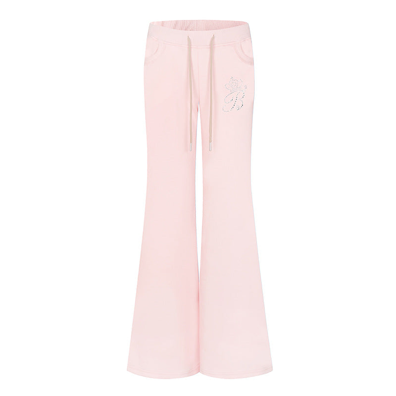 Women Flared Lounge Pants with High Comfort Waistband, Drawstring and Rhinestone Logo Amarae