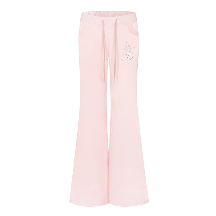 Women Flared Lounge Pants with High Comfort Waistband, Drawstring and Rhinestone Logo Amarae