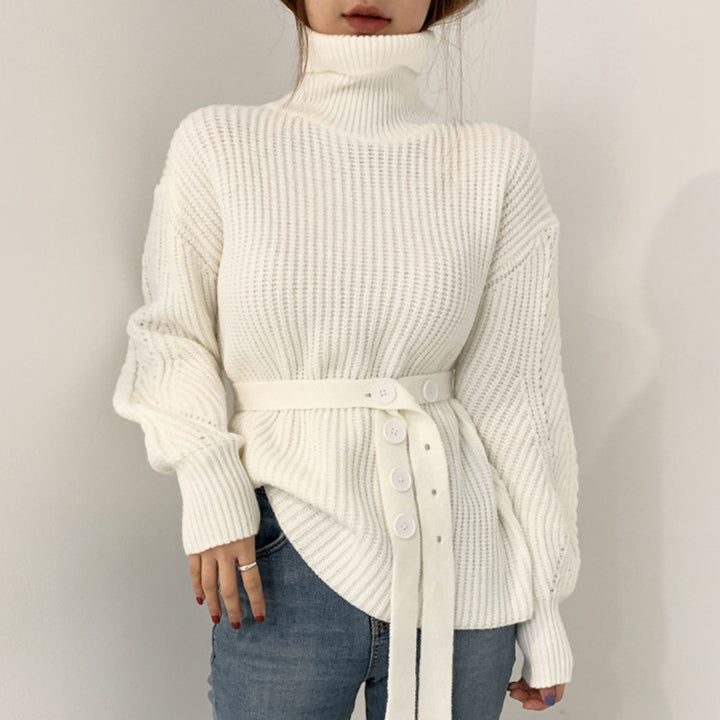 Pull en tricot épais pour femmes avec col montant et taille ceinturée Chic & Stil