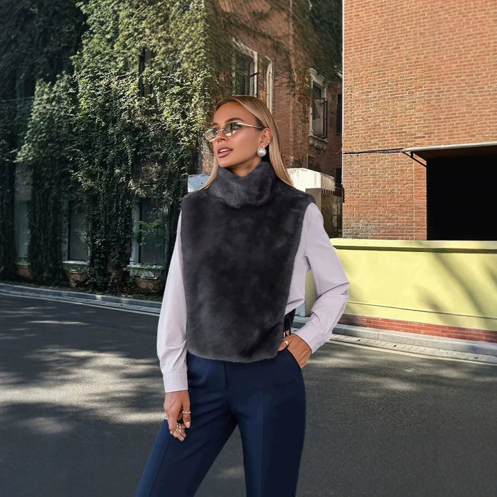 Women’s Sleeveless Faux Fur Vest with High Wrap Collar and Short Cut Amarae