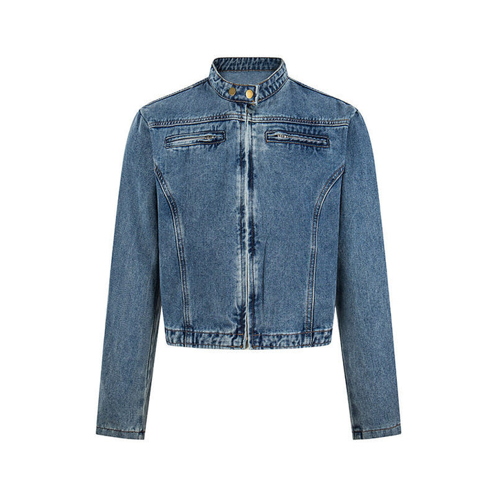 Women's short tailored denim jacket with stand-up collar and hidden zipper Amarae