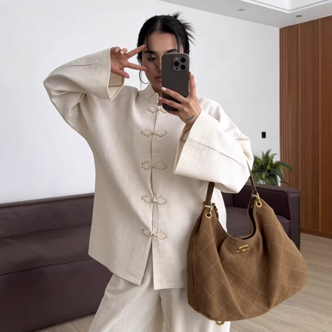 Women's Oversized Chinese Collar Blouse with Traditional Knot Closures and Wide Sleeves Amarae