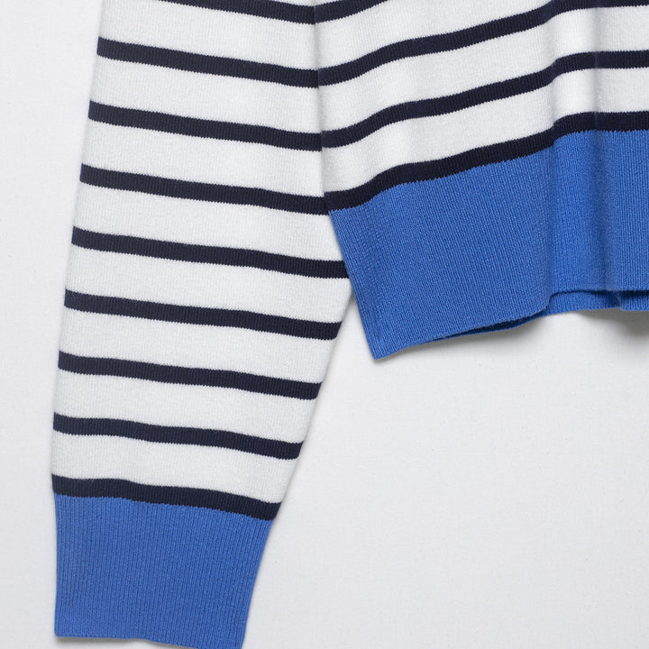 Women's Striped Cropped Knit Polo with Half Zipper and Wide Ribbed Cuff Amarae