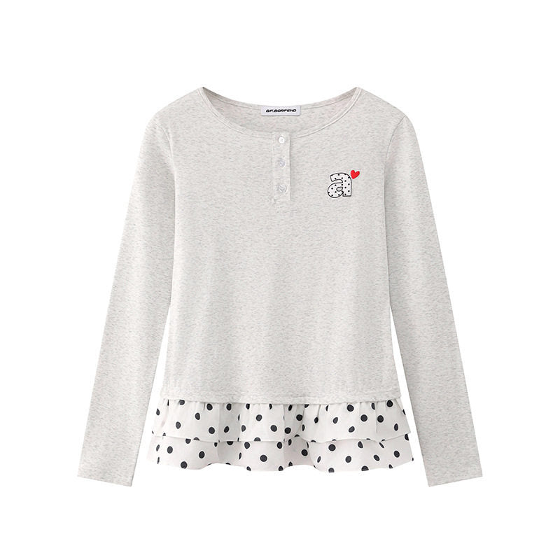 Women's Long Sleeve Henley Layering Top with Ruffle Underlay and Heart Patch Amarae