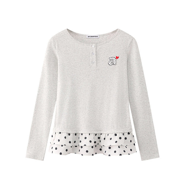 Women's Long Sleeve Henley Layering Top with Ruffle Underlay and Heart Patch Amarae