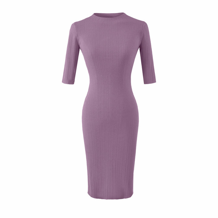 Women's fitted ribbed midi dress with half sleeves and stand-up collar Amarae