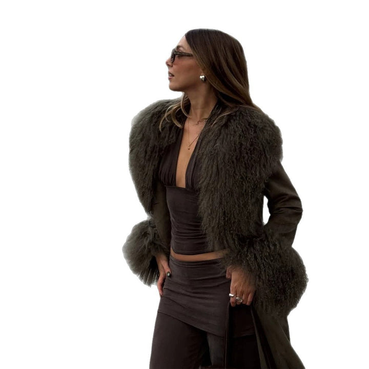 Women's Midi Length Tied Coat in Suede Look with Oversized Fur Collar and Voluminous Fur Cuffs Amarae